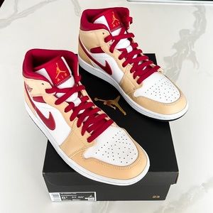Air Jordan 1 Mid White Onyx Light Curry Cardinal Red Sneaker Mens 8.5 554724 201